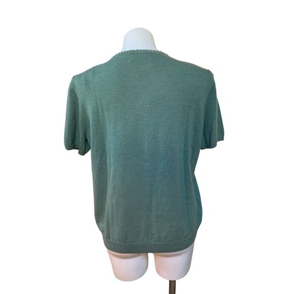 Vintage 90s Cable Knit Short Sleeve Sweater Shirt Beaded Green Large - Picture 5 of 9